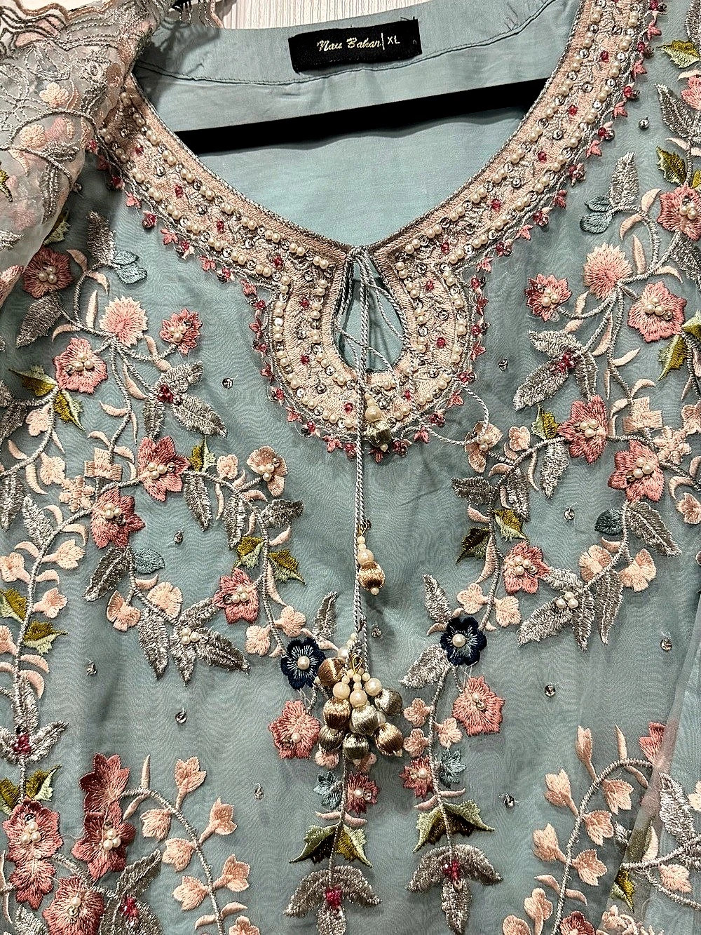 Pakistani light blue outfit Embroidered Kurta Blue & Pink beautiful embroidery a